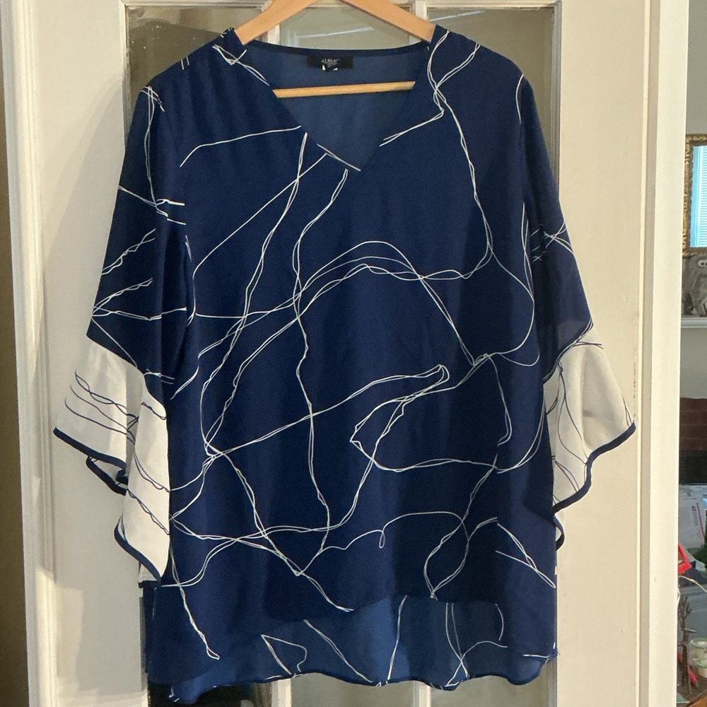 Alfani Navy and White Abstract V-Neck Tunic